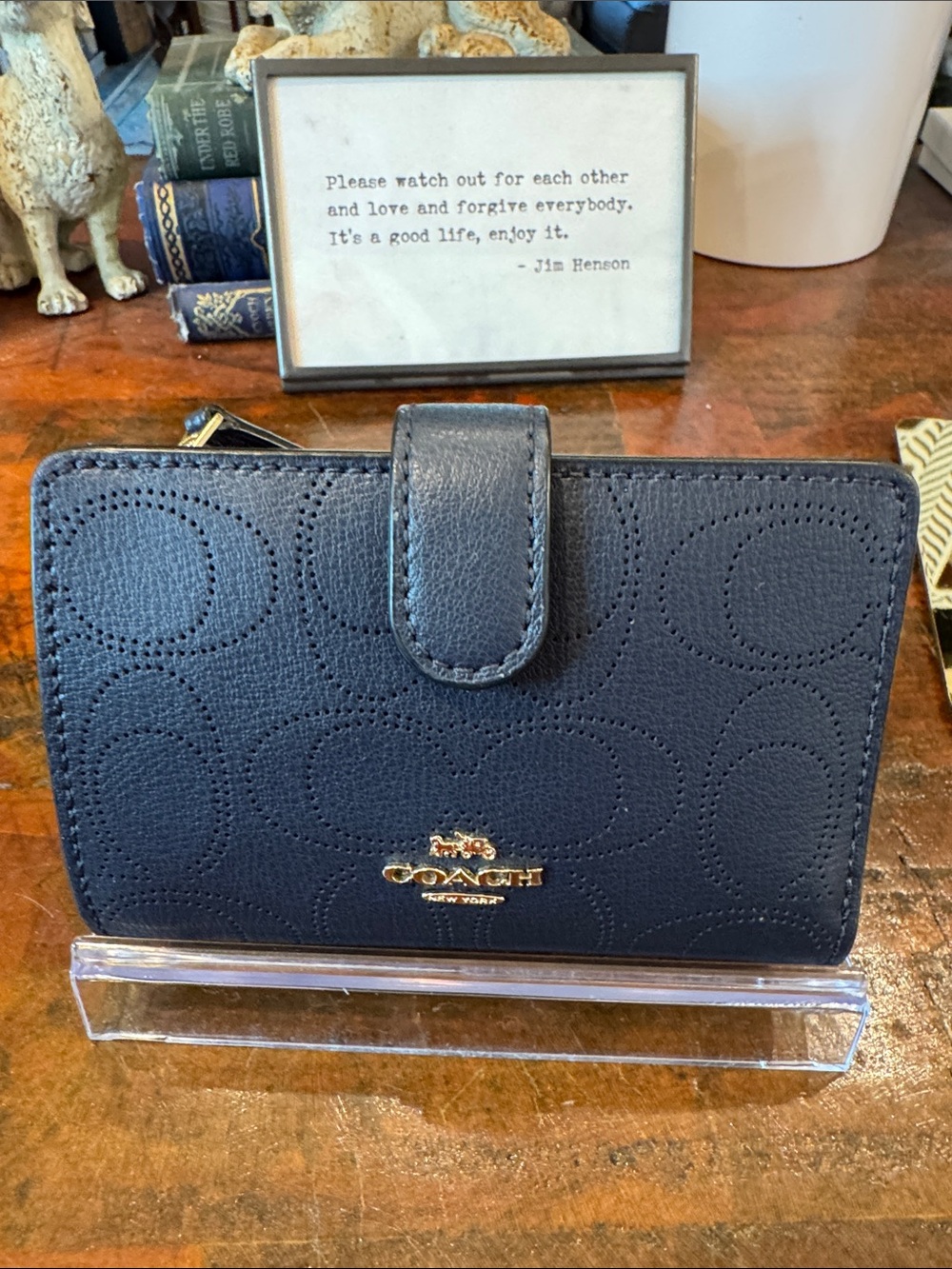 Coach Navy Blue Pebbled Leather Wallet with Gold Logo